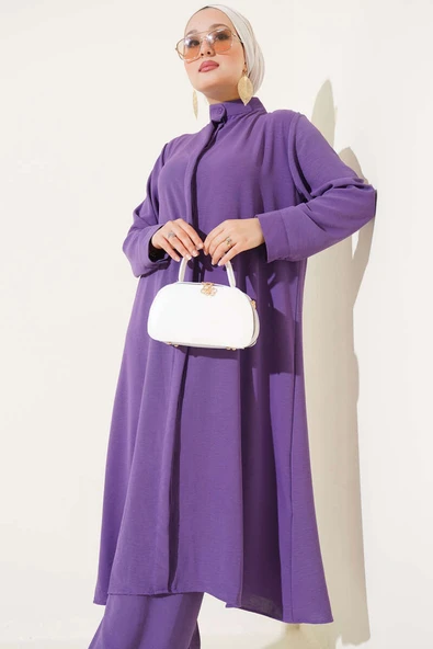 Gizli Düğmeli Salaş İkili Takım Lila - Resim 2