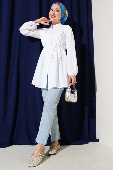 Brit Düğmeli Nervürlü Tunik Beyaz - Resim 2