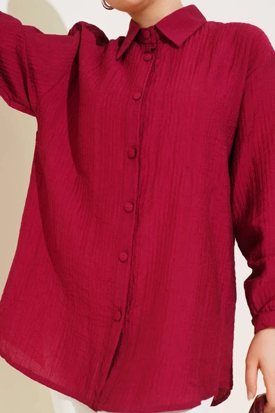 Manşet Düğmeli Krinkıl Gömlek Bordo - Resim 4