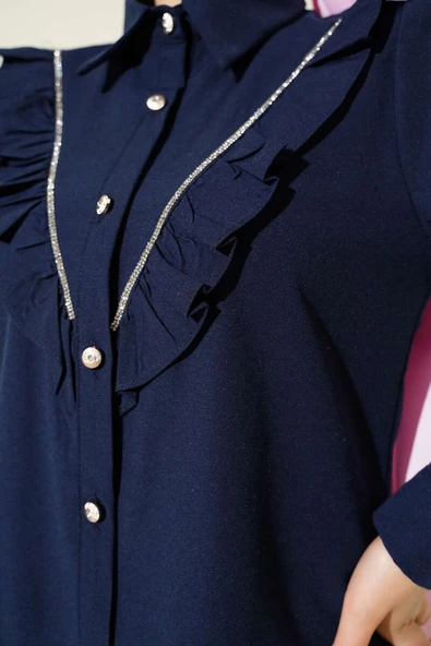 Önü Fırfır Taş Şerit Geçişli Düğmeli Gömlek Lacivert - Resim 4