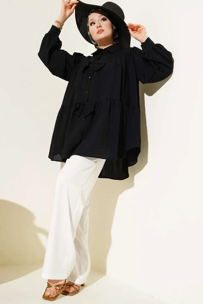 Önü Fiyonklu Tunik Siyah - Resim 2