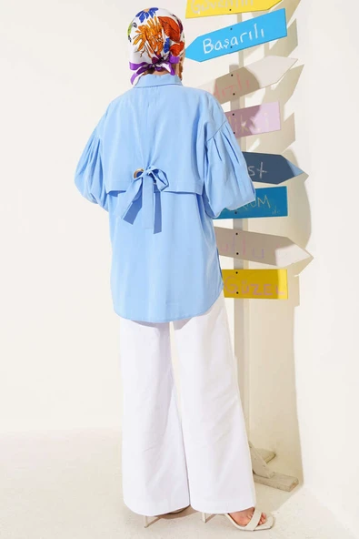 Kuş Gözü Detaylı Balon Kol Gömlek Mavi - Resim 3