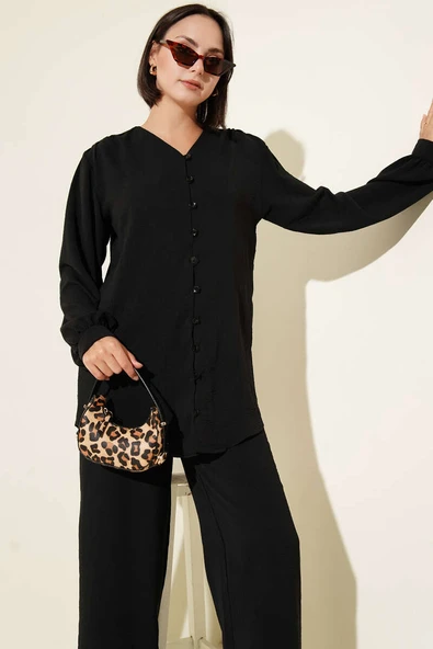 V Yaka Brit Düğmeli Ayrobin İkili Takım Siyah - Resim 2