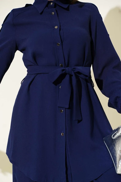 Belden Bağlamalı Omuz Düğmeli İkili Takım Lacivert - Resim 4