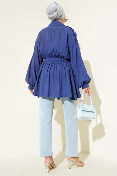 Çapraz Fermuarlı Kemerli Ceket Indıgo - Resim 3