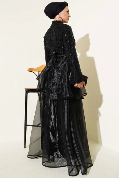 Pul Payetli Püsküllü Abiye Elbise Siyah - Resim 3