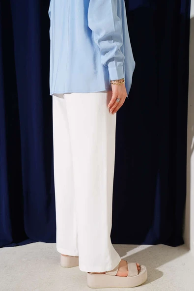 Bel Lastikli Tencel Pantolon Beyaz - Resim 3