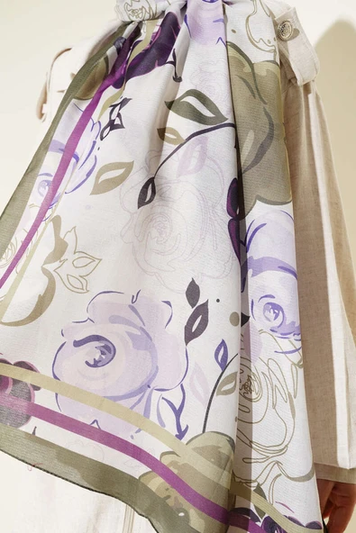 Gül Motifli Şal Haki - Resim 4