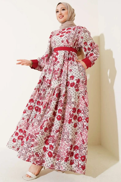 Mini Çiçek Desenli Elbise Bordo ürün görseli 1