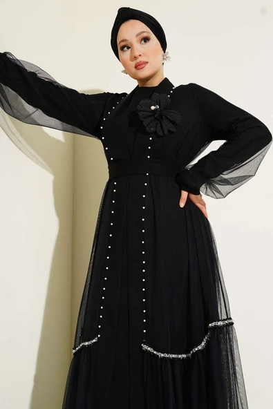 Gül Detaylı Abaya Siyah - Resim 2