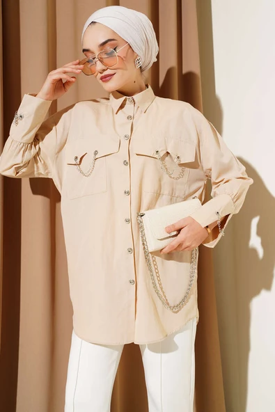 Cep ve Manşet Zincirli Gömlek Latte ürün görseli 1