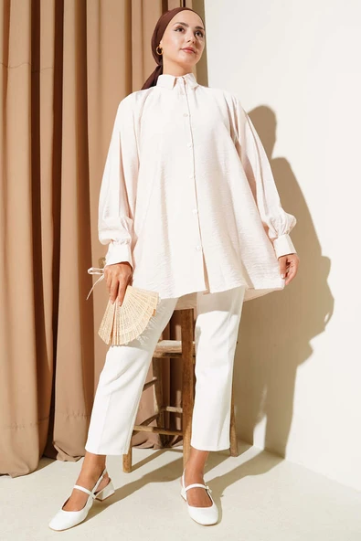 İp Bağcıklı Oversize Gömlek Bej - Resim 2