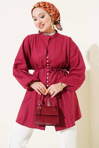Taşlı Brit Düğmeli Terikoton Gömlek Bordo ürün görseli 1