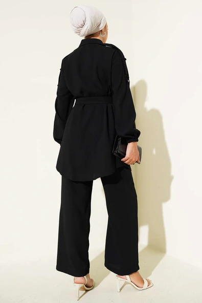 Belden Bağlamalı Omuz Düğmeli İkili Takım Siyah - Resim 3