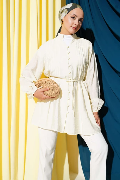 Önü Pileli Düğmeli Gömlek Sarı ürün görseli 1