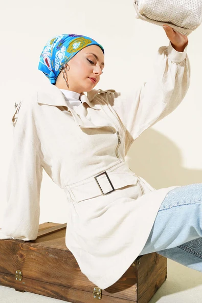 Çapraz Fermuarlı Kemerli Ceket Bej ürün görseli 1