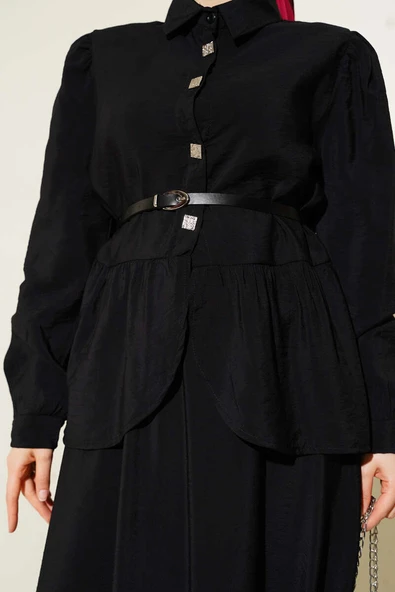 Kare Düğmeli Kemerli Etekli Takım Siyah - Resim 4