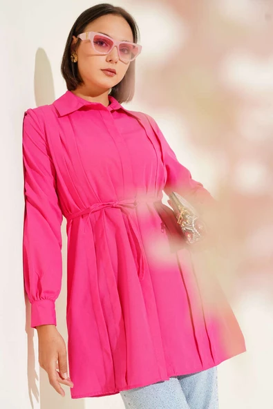 Önü Pensli İp Kuşaklı Tunik Fusya ürün görseli 1