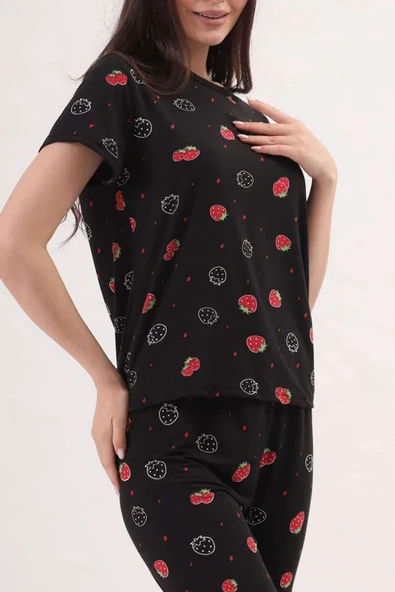 Desenli Bisiklet Yaka Pijama Takımı Siyah Kırmızı - Resim 2