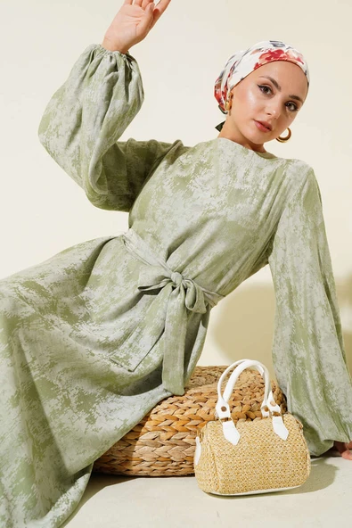 Kol Lastikli Desen Elbise Çağla Yeşili ürün görseli 1