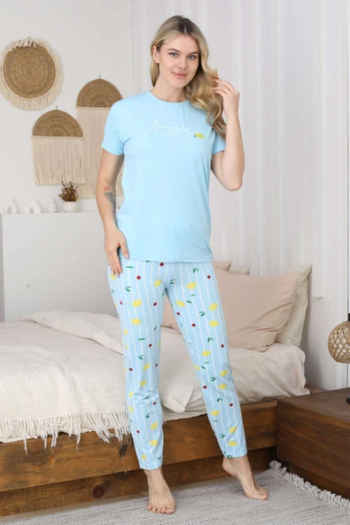 Limon Baskılı Kısa Kol Pijama Takım Mavi - Resim 2