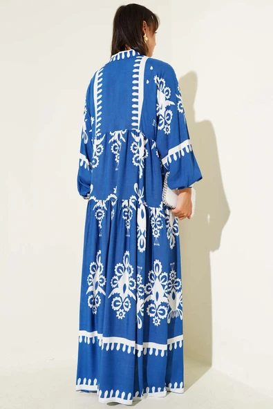 Desenli Yarı Patlı Önü Düğmeli Elbise Indıgo - Resim 3