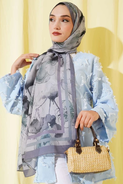 Çiçekli Şerit Geçiş Detaylı Şal Kayrak Grisi - Resim 2