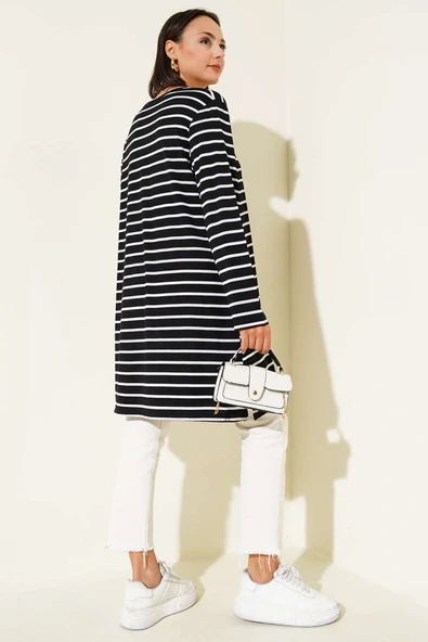 Çizgili Yırtmaçlı Tunik Siyah - Resim 3