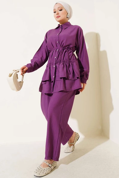 Eteği Fırfırlı İp Kuşaklı İkili Takım Magenta ürün görseli 1