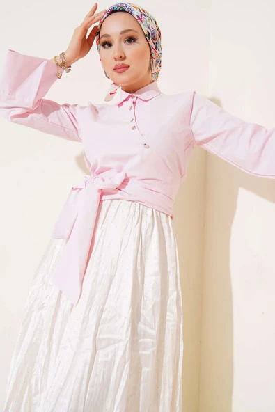 Yandan Bağlamalı Çapraz Düğmeli Kısa Gömlek Pembe ürün görseli 1