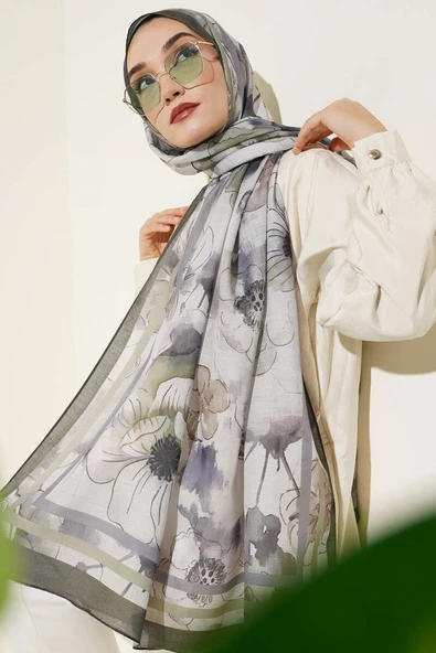 Çiçekli Şerit Geçiş Detaylı Şal Zümrüt - Resim 2