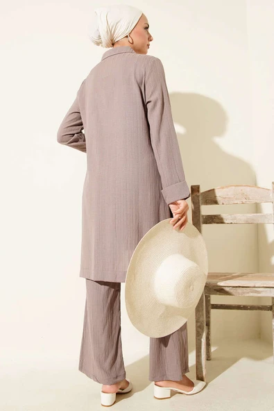 Krinkıl Yarım Fermuarlı İkili Takım Vizon - Resim 3