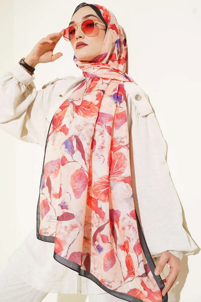 Karışık Yaprak Desenli Şal Siyah Kırmızı - Resim 2