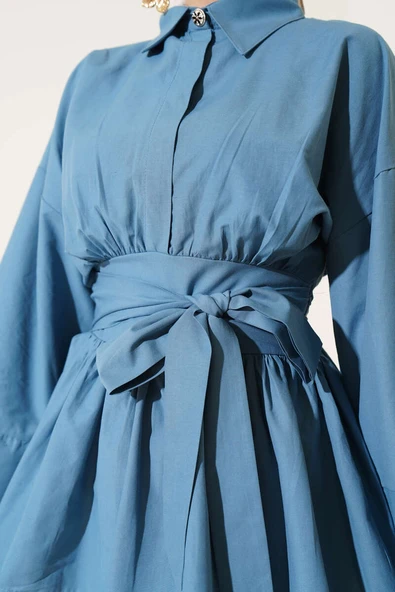 Kuşak Büzgülü Yarım Düğmeli Tunik Indıgo - Resim 4