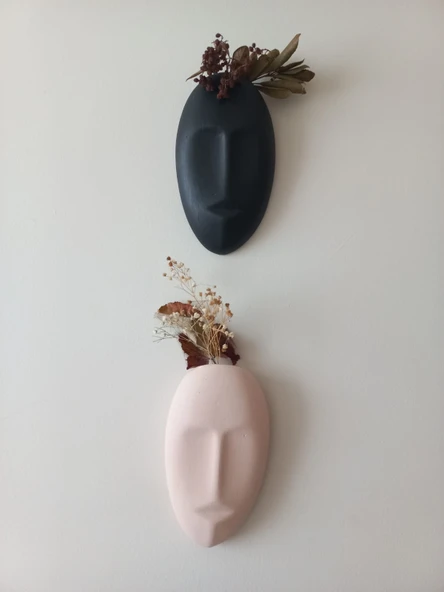 Dekoratif 2'li Yüz Duvar Vazosu, Duvar Süsü ,Heykel Aksesuar Siyah Bej maske - Resim 3