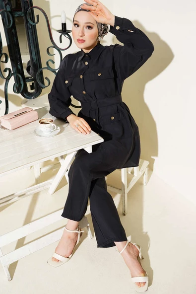 Metal Düğmeli Kemerli İkili Takım Siyah ürün görseli 1