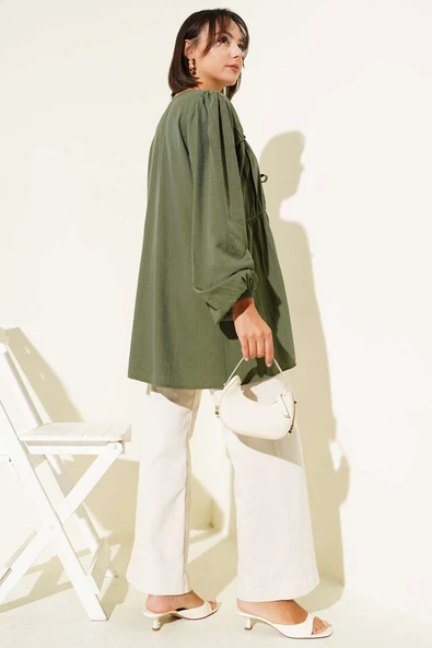 Önü Büzgülü Bilekleri Lastikli Kimono Haki - Resim 3