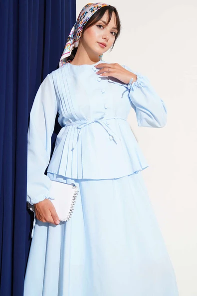 Brit Düğmeli İkili Etek Takımı Bebe Mavi - Resim 2