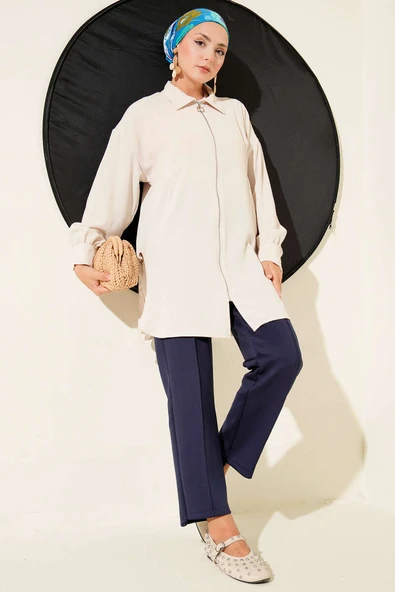 Kuş Gözü Detaylı Tunik Bej - Resim 2