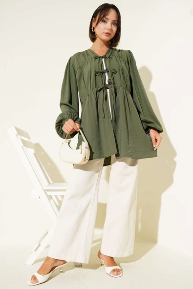Önü Büzgülü Bilekleri Lastikli Kimono Haki - Resim 2