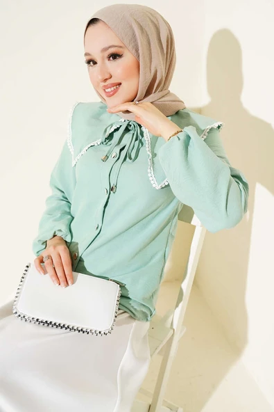 Güpürlü Denizci Yaka Kısa Gömlek Çağla Yeşili ürün görseli 1