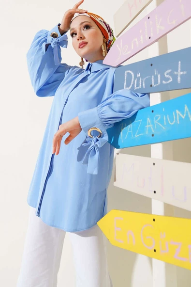 Kuş Gözü Detaylı Balon Kol Gömlek Mavi ürün görseli 1