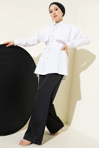 Mini Taşlı Pelerinli Tunik Beyaz - Resim 2