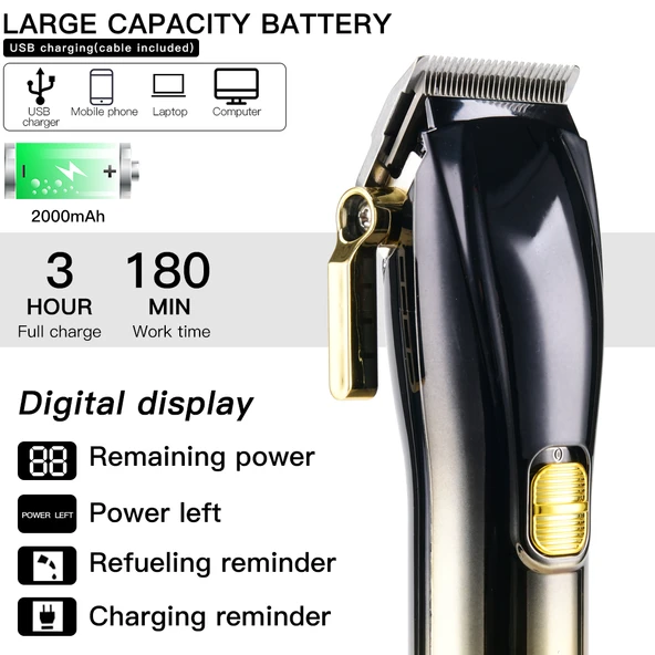 WA-070 Profesyonel Şarjlı Saç,Sakal,Ense,Vücut Traş Kesme Makinesi / Ergonomik Tasarım, Uzun Pil Ömrü, LED Ekran - 2
