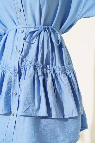 Eteği Fırfırlı İp Kuşaklı İkili Takım Mavi - Resim 4