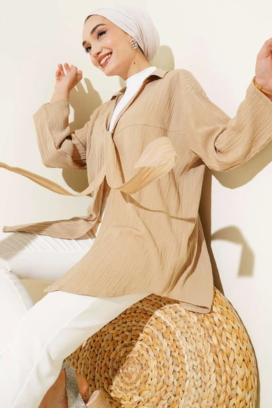 Önü Bağlamalı Ağaç Kabuğu Kimono Latte ürün görseli 1