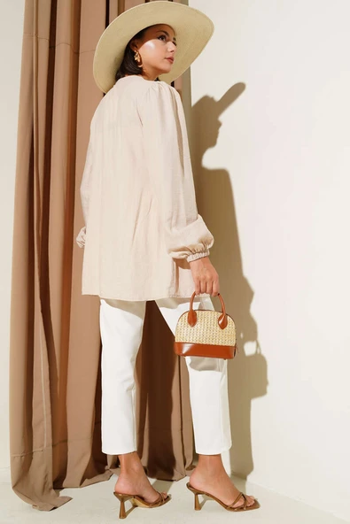 Önü Büzgülü Bilekleri Lastikli Kimono Bej - Resim 3