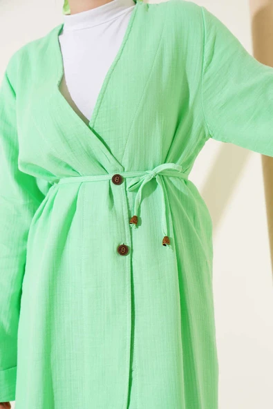 Düğmeli İp Kuşaklı Müslin İkili Takım Su Yeşili - Resim 4