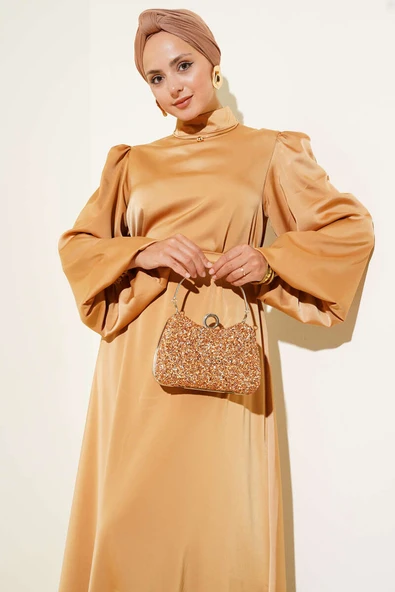 Balon Kol Saten Abiye Camel - Resim 2