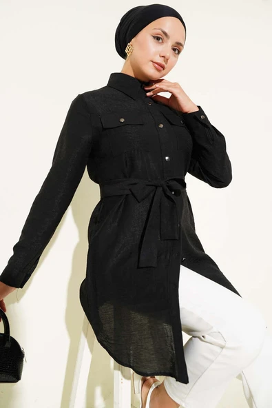 Çift Cepli Belden Bağlamalı Tunik Siyah ürün görseli 1